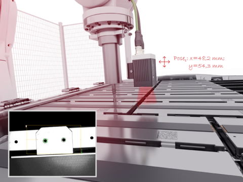The vision sensor for robotics determines the exact position coordinates of the screw holes in a few milliseconds.