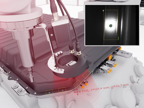 Der Vision-Sensor für Robotik erkennt die Position der zu verschraubenden Bohrlöcher in wenigen Millisekunden.